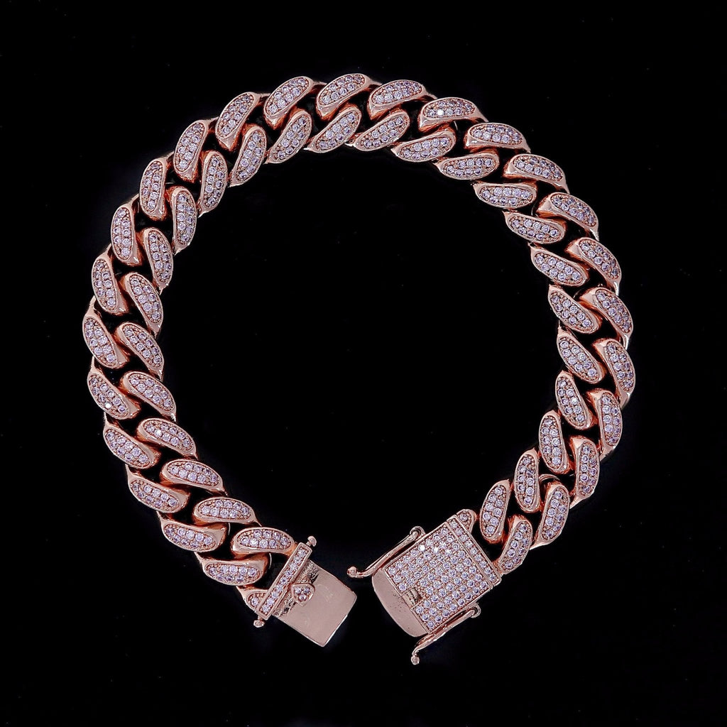 12mm Cuban Bracelets Diamond Simulated Rose Gold Color - RKSCART