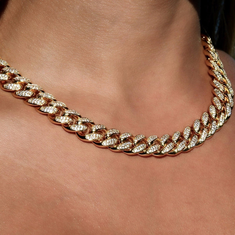 12mm Diamond Cuban Link Yellow Gold Color Choker Necklace - RKSCART