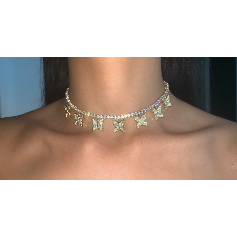 Butterfly cz Tennis Choker Yellow Gold Color Plated