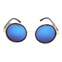 Mirror Lens Round Glasses Cyber Steampunk Sunglasses (Black/Blue Lens)