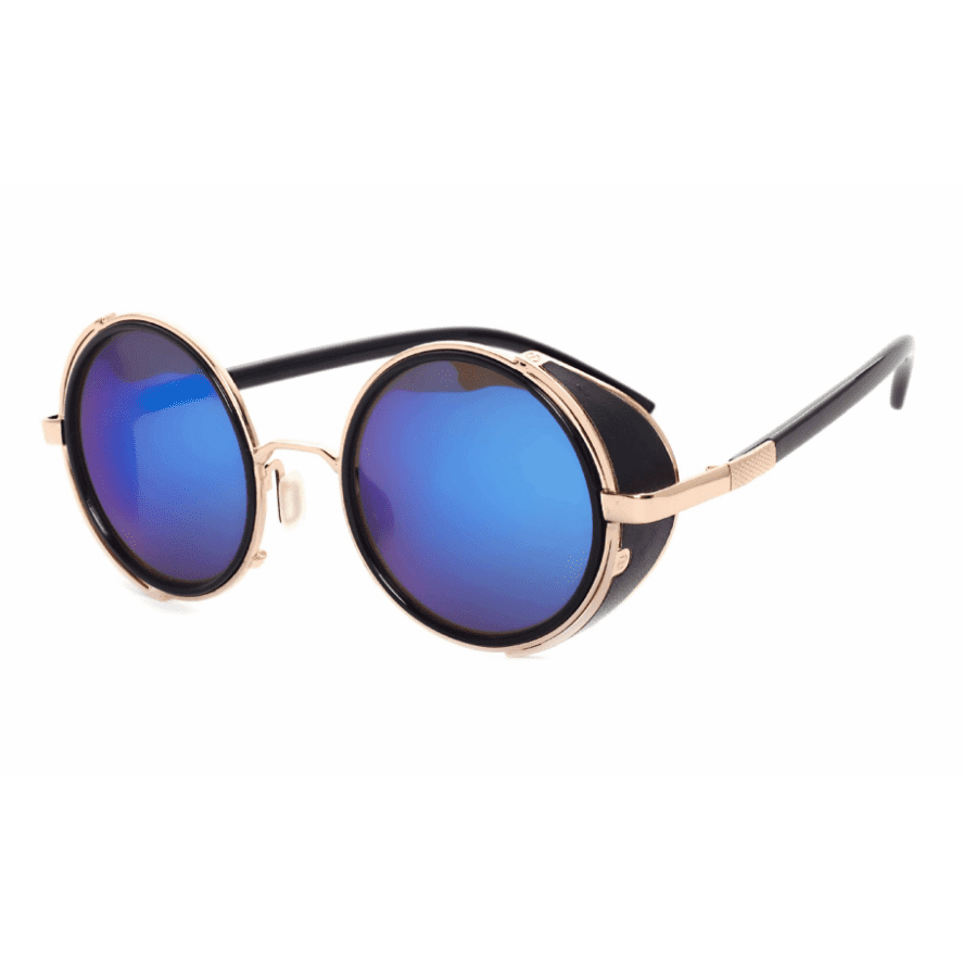 Miror Lens Round  Glasses Cyber Steampunk Sunglasse(Balck/Blue Lens)