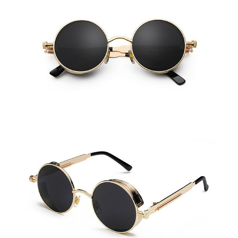 Metal Round Steampunk Sunglasses ( Gold/Black Lens)
