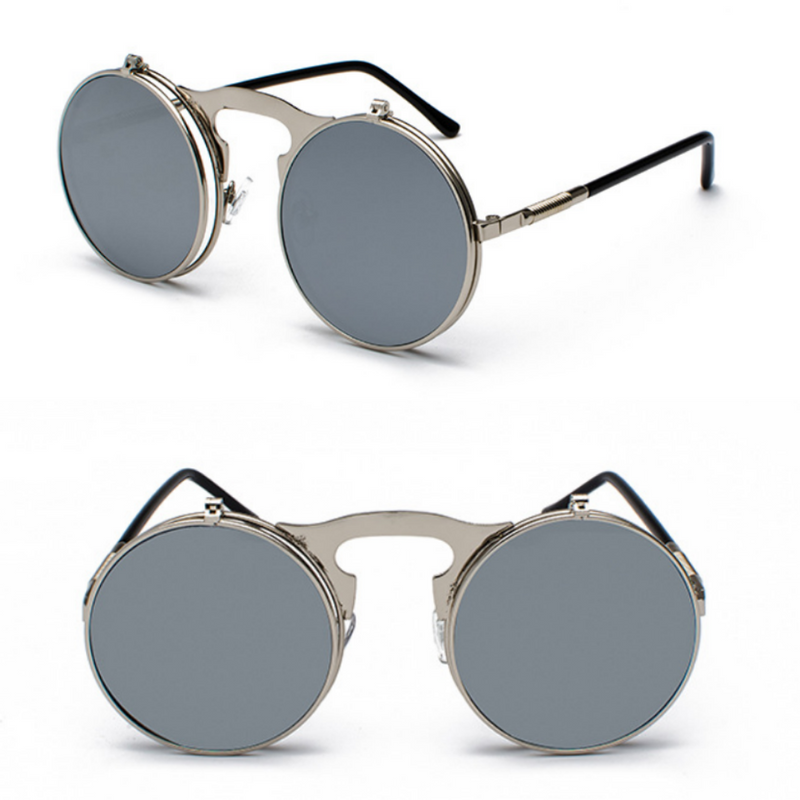 Filp Up Metal Round Circle Frame Steampunk Sunglasses (Silver/Silver Lens)