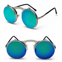 Filp Up Metal Round Circle Frame Steampunk Sunglasses (Black/Green Lens)