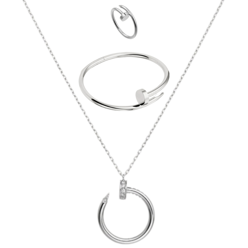 Nail Bundle Set-Chain-Bangle-Ring White Gold Color Plated