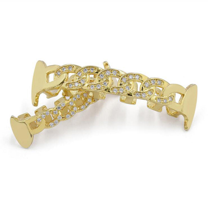 Cuban Link Yellow Gold Plated Diamond Simulated Teeth Griilz