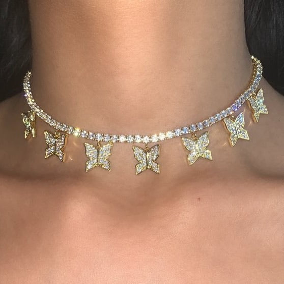 Butterfly Cz Tennis Choker 18k Gold Plated Necklace