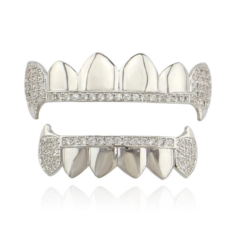 Vampire CZ Iced Out Teeth Grillz White Gold Color