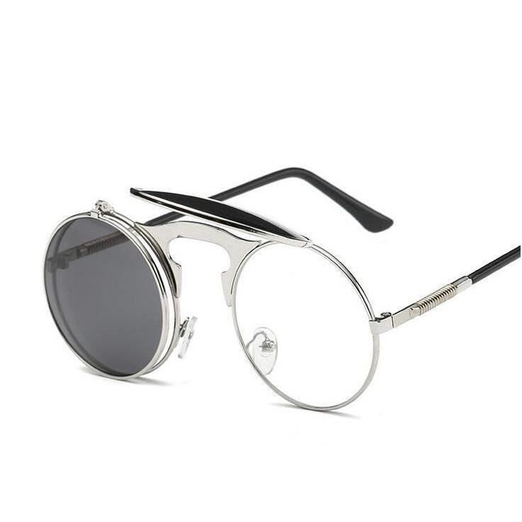 Flip up Metal Round Circle Frame Steampunk Sunglasses(Silver/Silver Lens)